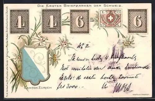 Künstler-AK Die ersten Briefmarken der Schweiz, Wappen des Canton Zürich