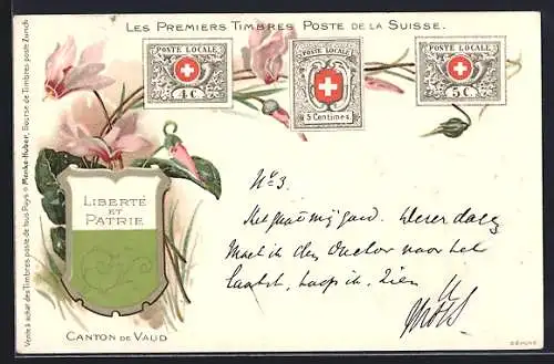 Künstler-AK Les Premiers Timbres, Poste de la Suisse, Schweizer Briefmarken