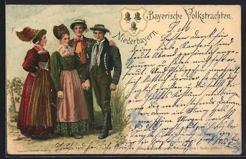 Künstler-AK Männer und Frauen in niederbayerischen Volkstrachten