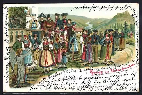 Lithographie Gruss aus Unterfranken, Bürger in bayerischer Tracht