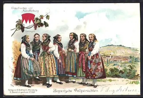 Künstler-AK Uettingen /Ufr., Frauen in bayrischen Volkstrachten
