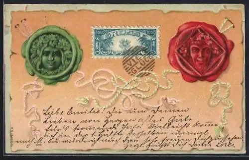 Präge-AK Briefmarke und Siegel mit Gesichtern