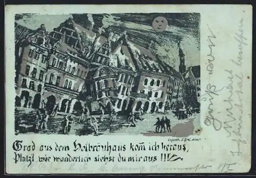 Mondschein-Wirtshaus-AK München, Betrunkene vor dem Hofbräuhaus