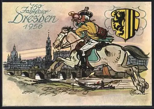 Künstler-AK Dresden, 750 Jahrfeier 1956, Sachsenschau, Briefmarken-Ausstellung, Postillon um 1770, Wappen