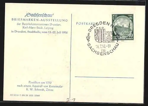 Künstler-AK Dresden, 750 Jahrfeier 1956, Sachsenschau, Briefmarken-Ausstellung, Postillon um 1770, Wappen