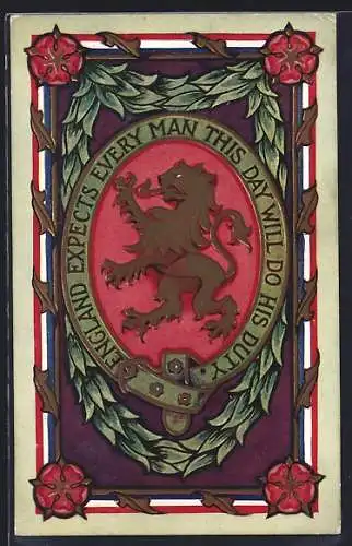 Künstler-AK Englisches Wappen mit Blumen, England expects every man this day will do his duty