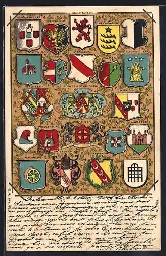 Künstler-AK Elsass-Lothringen, Wappen der Städte der Region