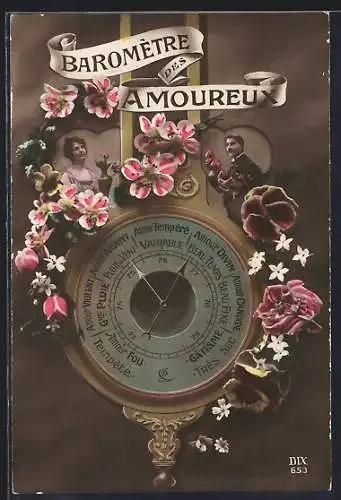 AK Baromètre des Amoureux, Paar mit Barometer und Blumen