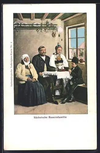 AK Sächsische Tracht, Bauernfamilie in der Stube sitzend