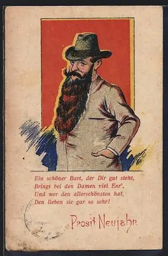 Lithographie Mann mit sehr langem Bart, Neugjahrsgrüsse, Ein schöner Bart der Dir gut steht bringt bei Damen viel Ehr