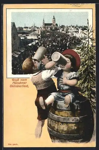 AK München, Oktoberfest, Zwei Kinder trinken aus Bierkrügen