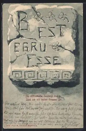 Lithographie Best egru esse, In Stein gehauener Gruss