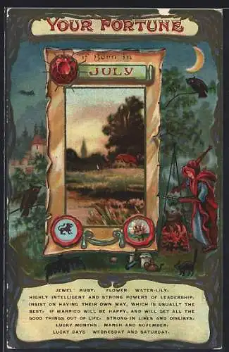 Künstler-AK Your fortune if born in July, Hellseher steht am Feuer mit Katze, Fledermaus und Eule