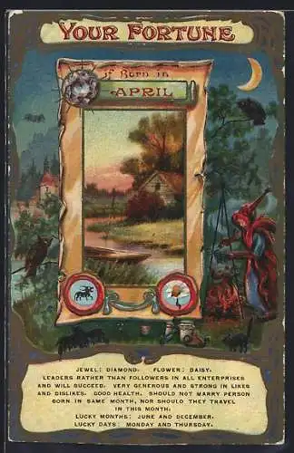 Künstler-AK Your fortune if born in April, Hellseher steht am Feuer mit Katze, Fledermaus und Eule