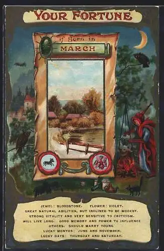 Künstler-AK Your fortune if born in March, Hellseher steht am Feuer mit Katze, Fledermaus und Eule