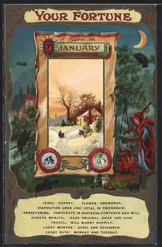 Künstler-AK Your fortune if born in January, Hellseher steht am Feuer mit Katze, Fledermaus und Eule