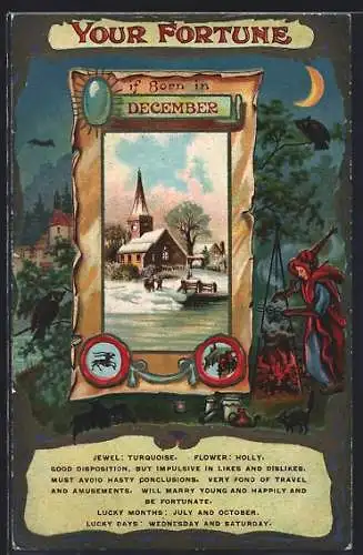 Künstler-AK Your fortune if born in December, Hellseher steht am Feuer mit Katze, Fledermaus und Eule