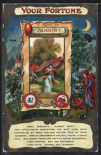 Künstler-AK Your fortune if born in August, Hellseher steht am Feuer mit Katze, Fledermaus und Eule