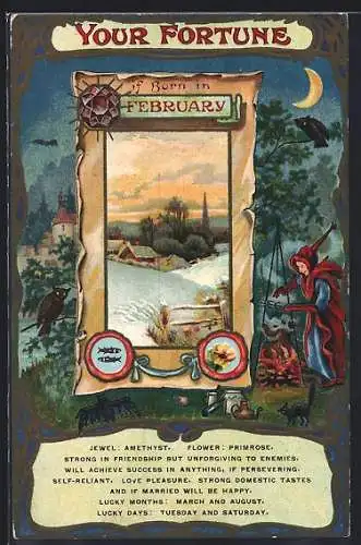 Künstler-AK Your fortune if born in February, Hellseher steht am Feuer mit Katze, Fledermaus und Eule