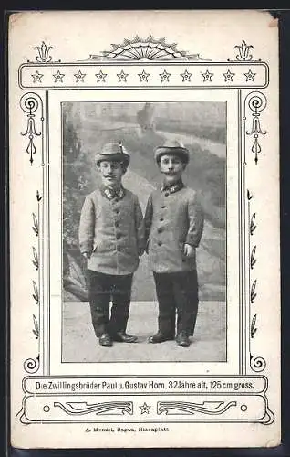 AK Die Zwillingsbrüder Gustav und Paul Horn, Liliputaner in Jagdkeidung