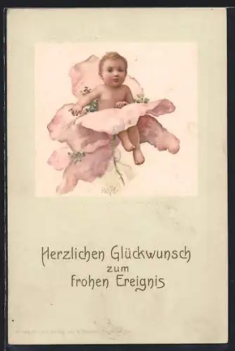 Künstler-AK Baby in einer Blume, Herzlichen Glückwunsch zu frohen Ereignis