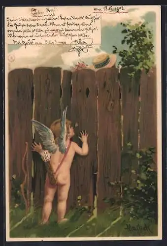 Künstler-AK Alfred Mailick: Amor schaut durch Loch im Zaun