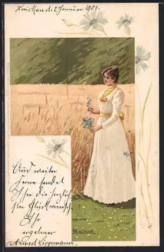 Künstler-AK Alfred Mailick: junge Frau auf der Blumenwiese
