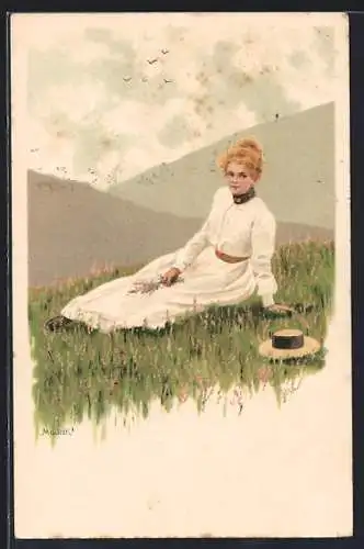 Künstler-AK Alfred Mailick: Frau in weissem Kleid sitzt auf einer Blumenwiese