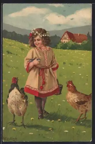 Künstler-AK Alfred Mailick: Mädchen mit Ostereiern auf einer Wiese mit Hühnern