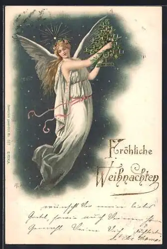 AK Weihnachtsengel mit Tannenbaum, Weihnachtsgruss mit Prägung