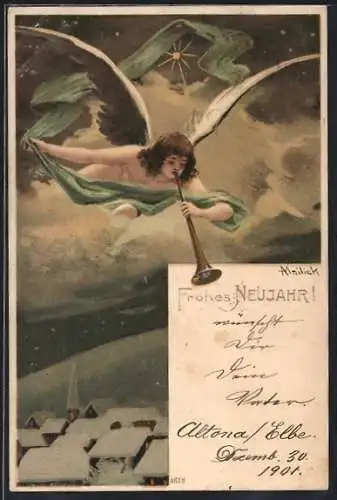 Künstler-AK Alfred Mailick: Neujahrsengel mit Fanfare, Neujahrsgruss
