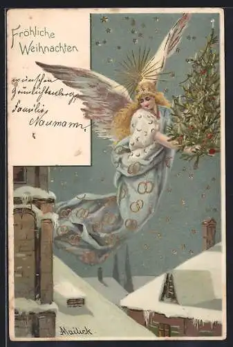 Künstler-AK Alfred Mailick: Weihnachtsengel fliegt über Dächer