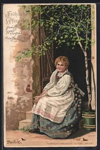 Künstler-Lithographie Alfred Mailick: Blondes Fräulein auf Türschwelle