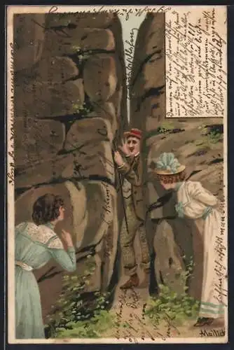 Künstler-Lithographie Alfred Mailick: Ausflügler in Felsspalte, Scherz