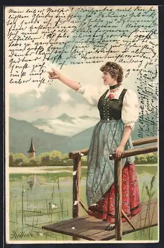Künstler-AK Alfred Mailick: Junges Mädchen auf einem Steg am See