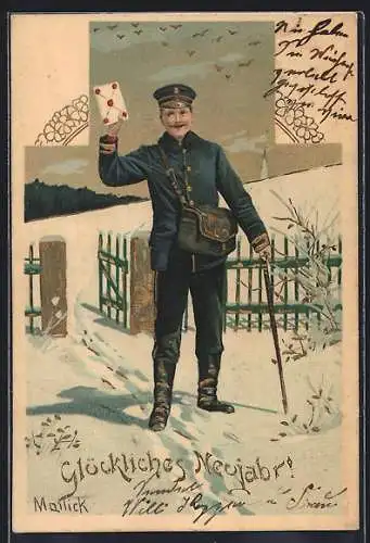 Künstler-Lithographie Alfred Mailick: Briefträger winkt mit einem Brief, Neujahr