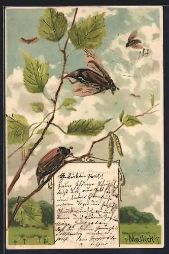 Künstler-AK Alfred Mailick: Maikäfer fliegen von einem Birkenast
