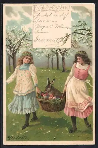 Künstler-AK Alfred Mailick: Fröhliche Ostern!, Mädchen tragen einen Korb mit dem Osterhasen