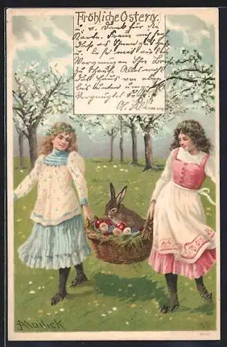 Künstler-AK Alfred Mailick: Fröhliche Ostern!, Mädchen tragen einen Korb mit dem Osterhasen