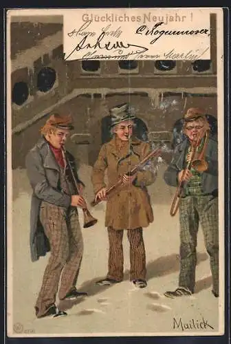Künstler-AK Alfred Mailick: Musikanten spielen im Schnee, Glückliches Neujahr!