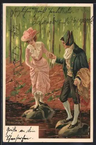 Künstler-AK Alfred Mailick: Herr hilft der Dame über den Bach