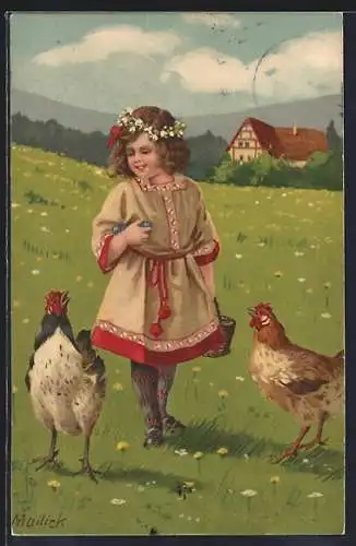 Künstler-AK Alfred Mailick: Mädchen mit Ostereiern auf einer Wiese mit Hühnern