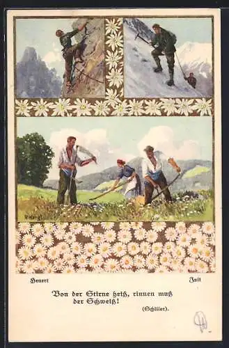 Künstler-AK sign. R. Kargl: Bauern bei der Arbeit, Bergsteiger im Sommer und im Winter