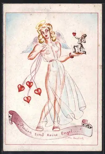 Künstler-AK sign. Jutta Bartsch: Engel mit Männlein auf der Hand