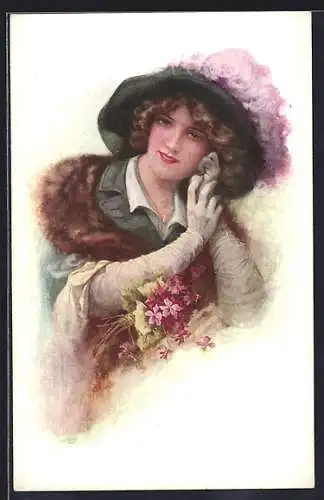 Künstler-AK sign. Arthur Haworth: Junge Dame mit Federhut