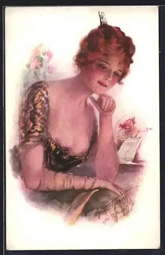 Künstler-AK sign. Arthur Haworth: Junge rothaarige Frau mit Handschuh