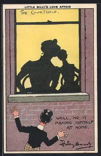 Künstler-AK sign. Dudley Hardy: Schattenbild, Rückenansicht von Paar durchs Fenster