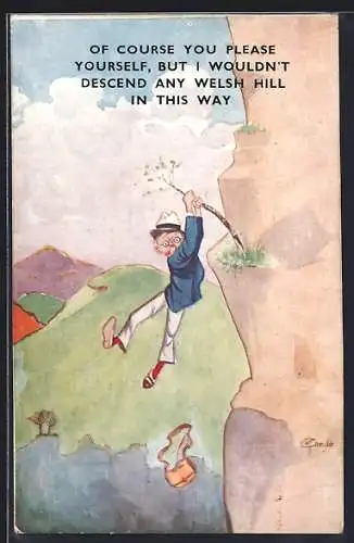 Künstler-AK sign. G. Christie: Mann hängt an einem Bäumchen