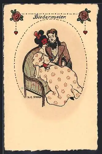 Künstler-AK sign. H. E. Stern: Junger Herr und Dame mit Maske