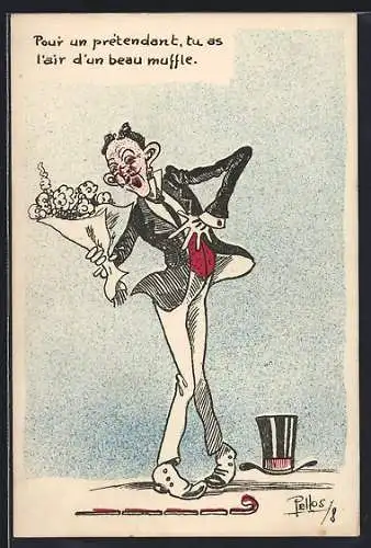 Künstler-AK sign. Pellos: Junger Mann mit einem Blumenstrauss